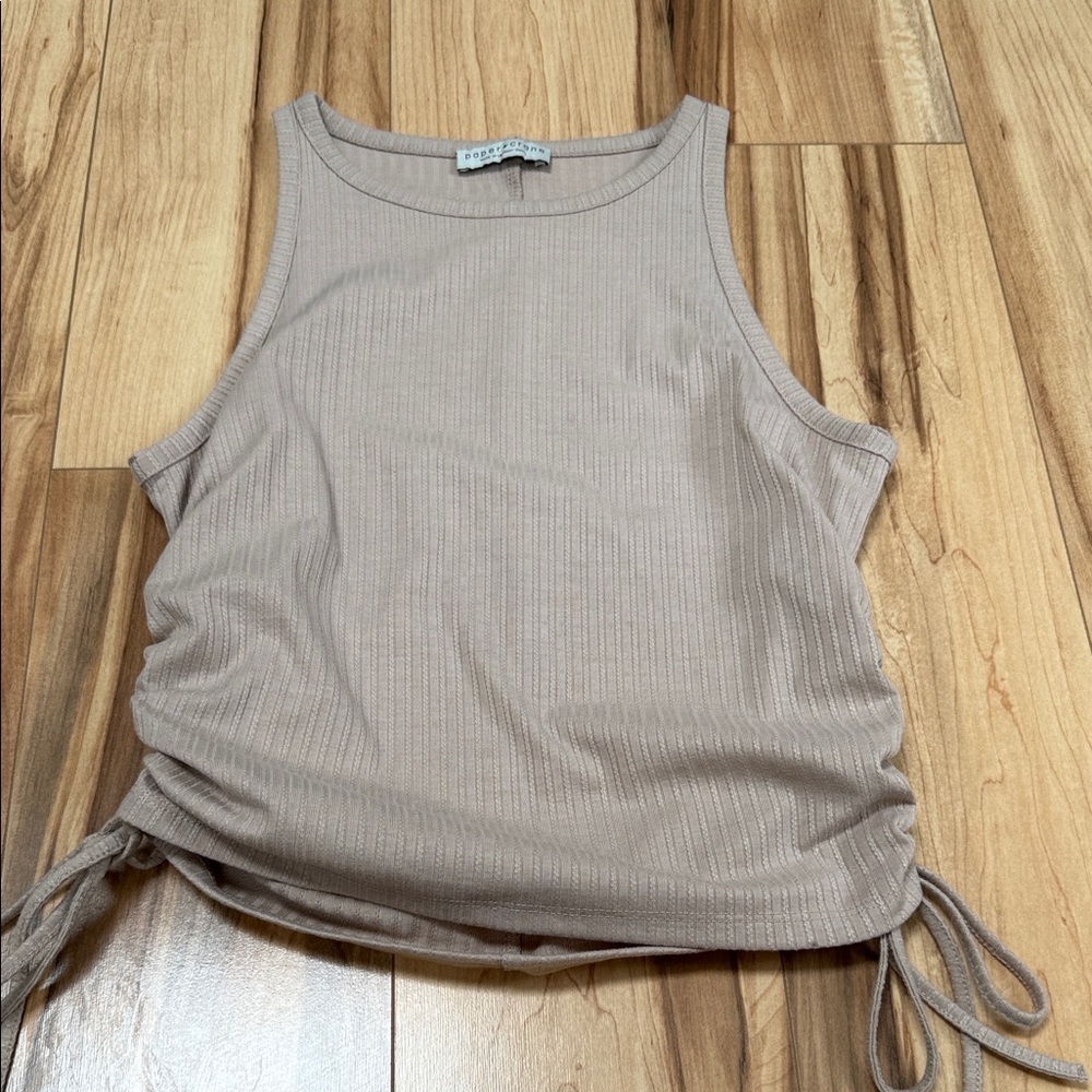 Paper Crane Beige Ribbed Side-Tie Tank Top